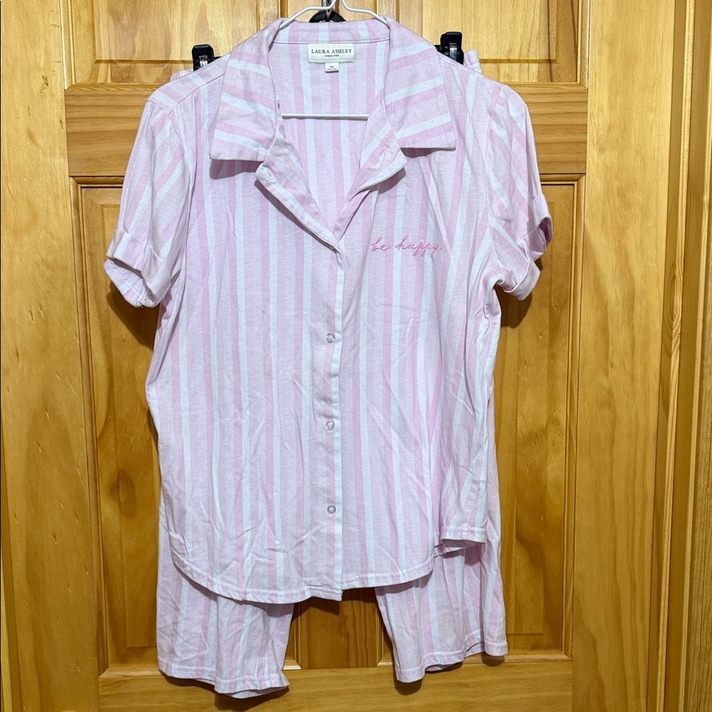 Laura Ashley “Be Happy” Pink & White Striped Short-Sleeve/Capri Pajama Set
